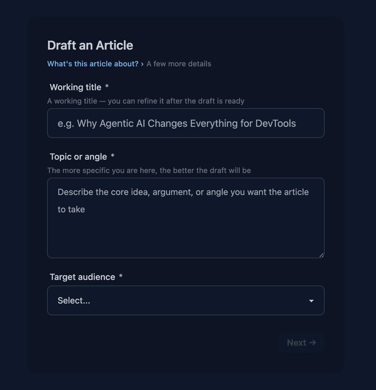 Max Draft an Article step 1